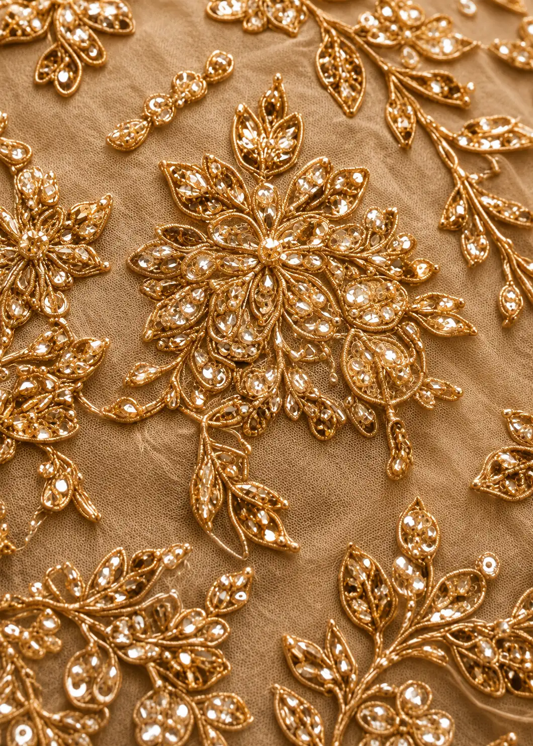 Beige Net Engagement Lehenga with Embroidered Full Sleeve Blouse