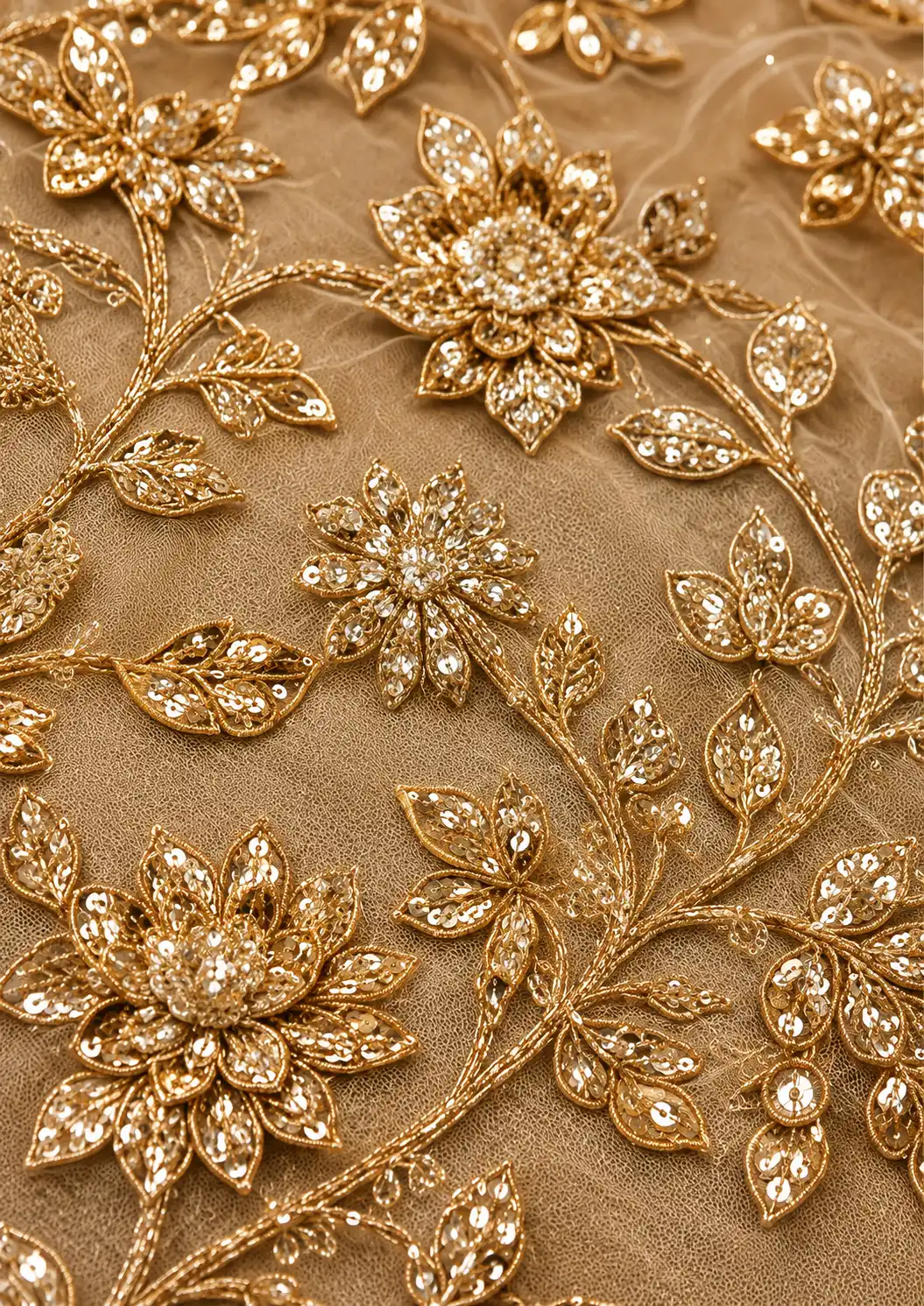 Beige Net Engagement Lehenga with Embroidered Full Sleeve Blouse