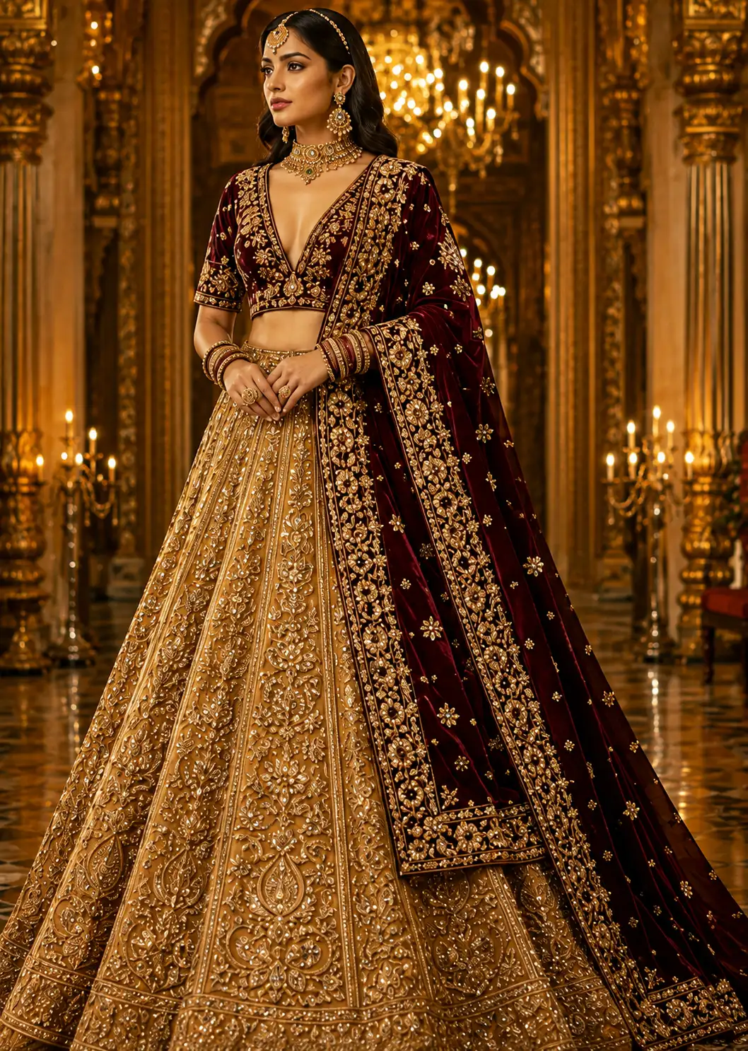 Gold Panel Style Velvet Bridal Lehenga with Elbow Sleeve Blouse