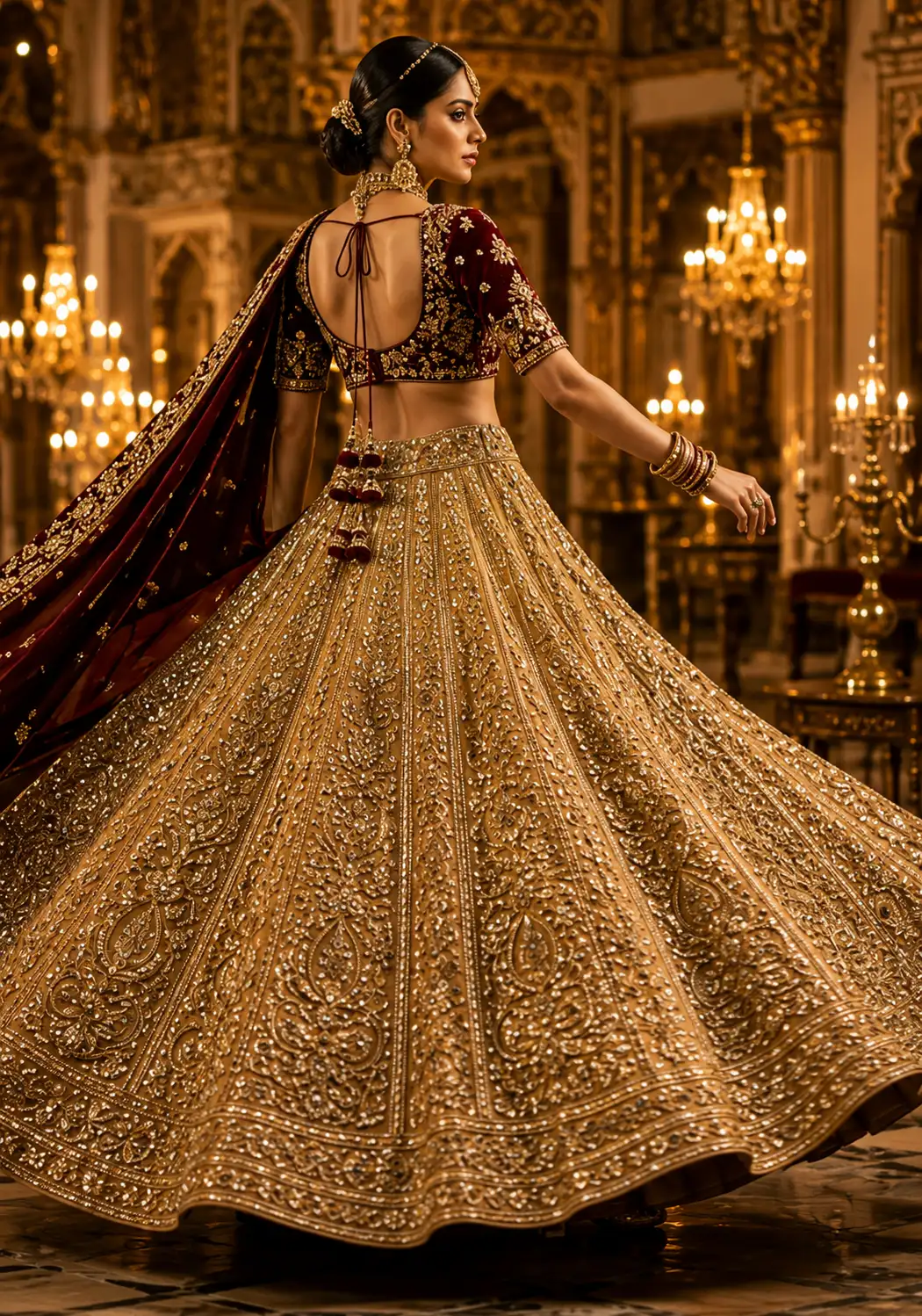 Gold Panel Style Velvet Bridal Lehenga with Elbow Sleeve Blouse