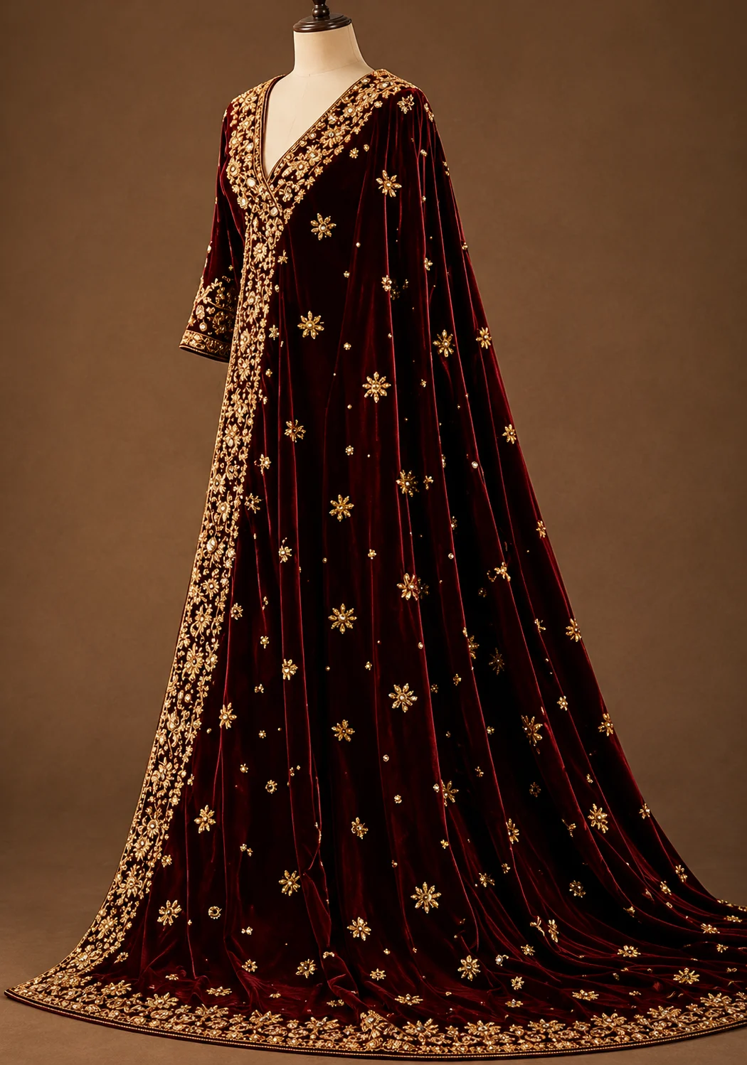 Gold Panel Style Velvet Bridal Lehenga with Elbow Sleeve Blouse