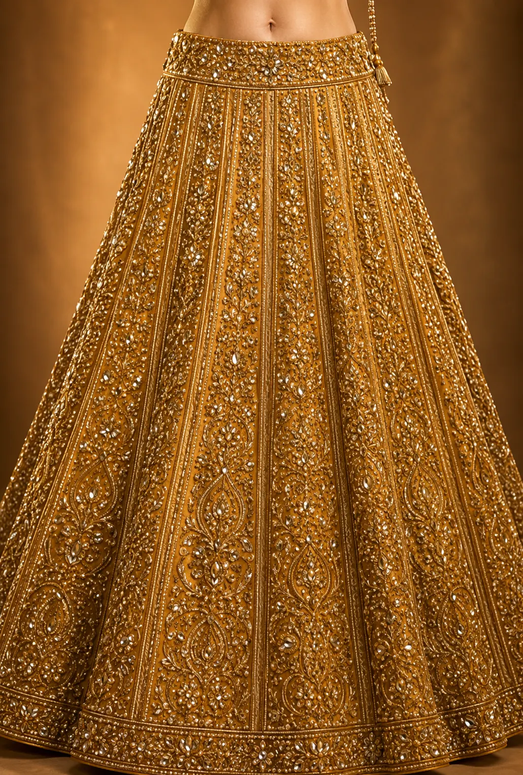 Gold Panel Style Velvet Bridal Lehenga with Elbow Sleeve Blouse