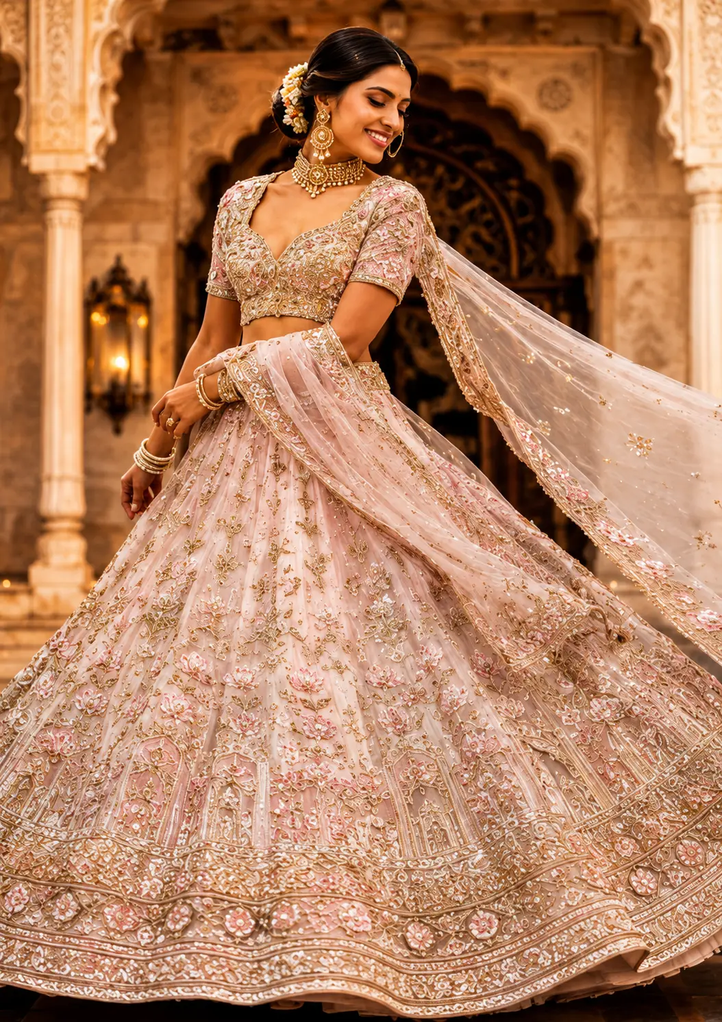 Pale Pink Resham Embroidered Silk Engagement Lehenga with Double Dupatta