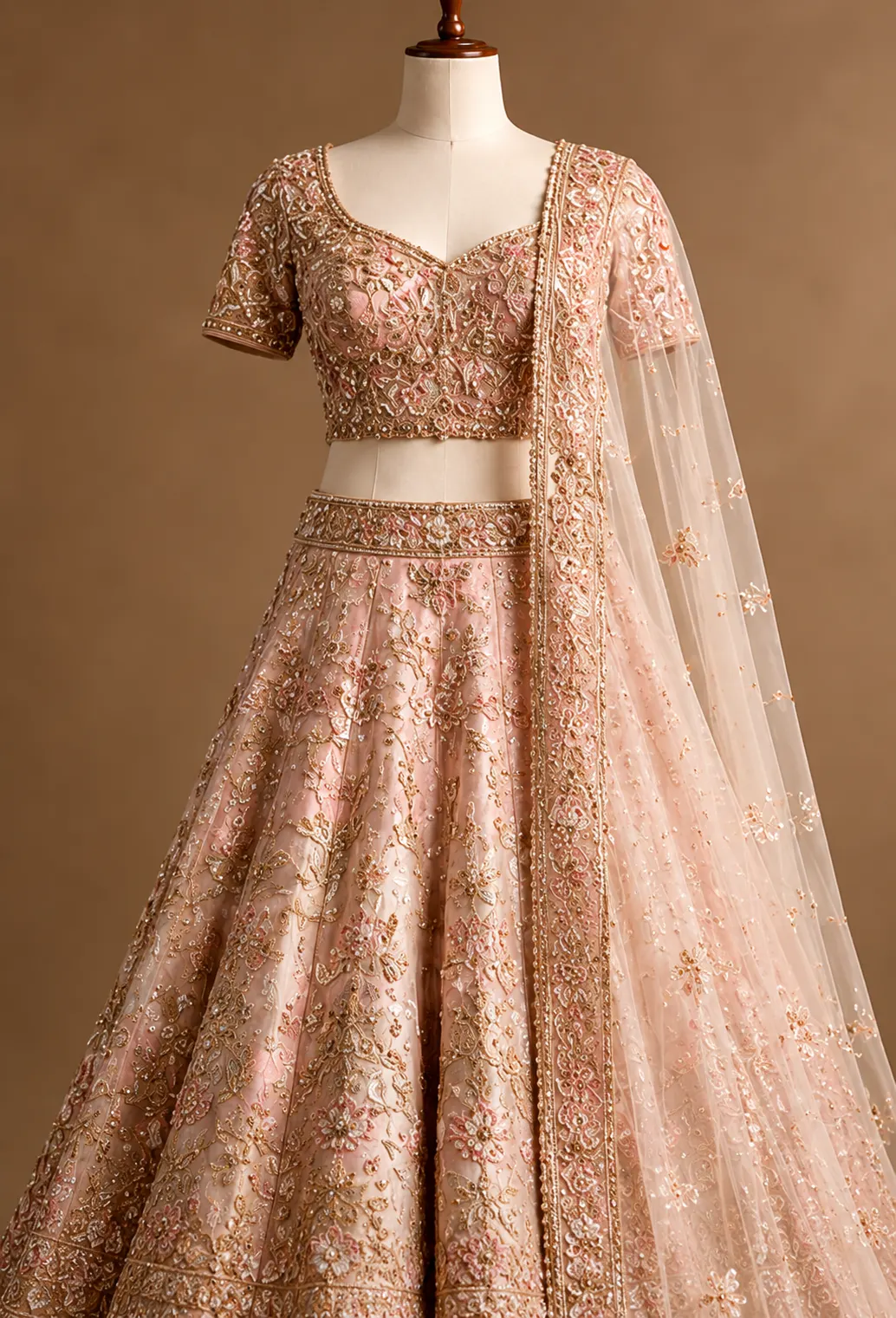 Pale Pink Resham Embroidered Silk Engagement Lehenga with Double Dupatta
