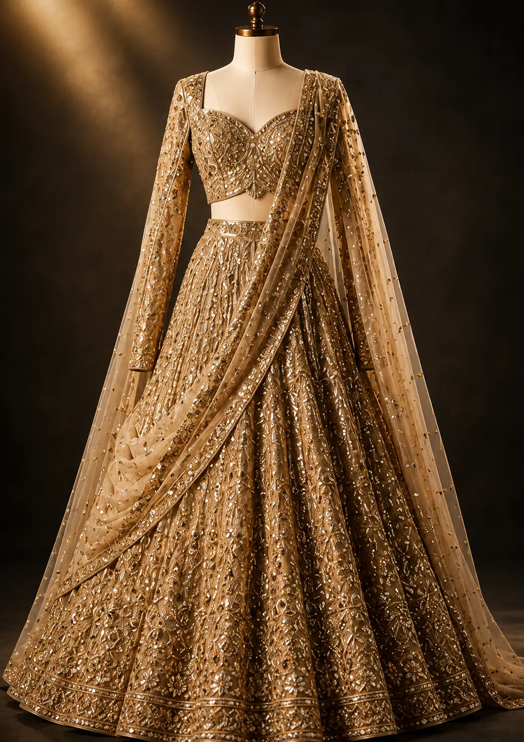 Gold Net Reception Lehenga with Embroidered Full Sleeve Blouse