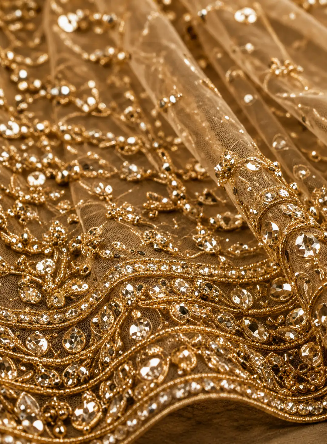 Gold Net Reception Lehenga with Embroidered Full Sleeve Blouse