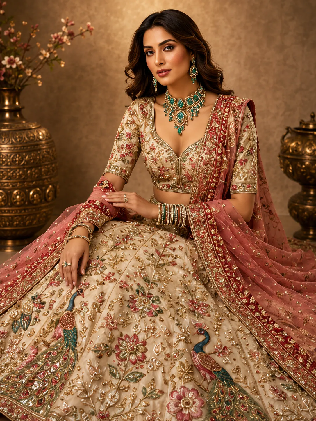 Cannoli Cream Resham Embroidered Silk Exclusive Bridal Lehenga