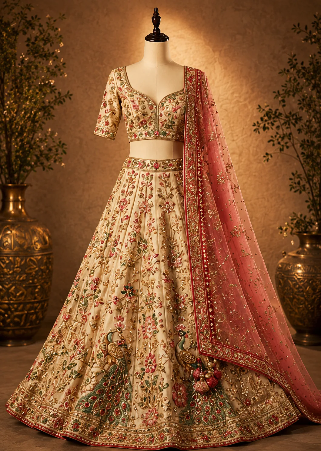 Cannoli Cream Resham Embroidered Silk Exclusive Bridal Lehenga