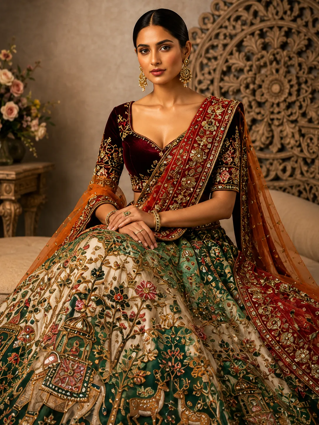 Green Ombre Zardosi Embroidered Silk Bridal Lehenga with Double Dupatta