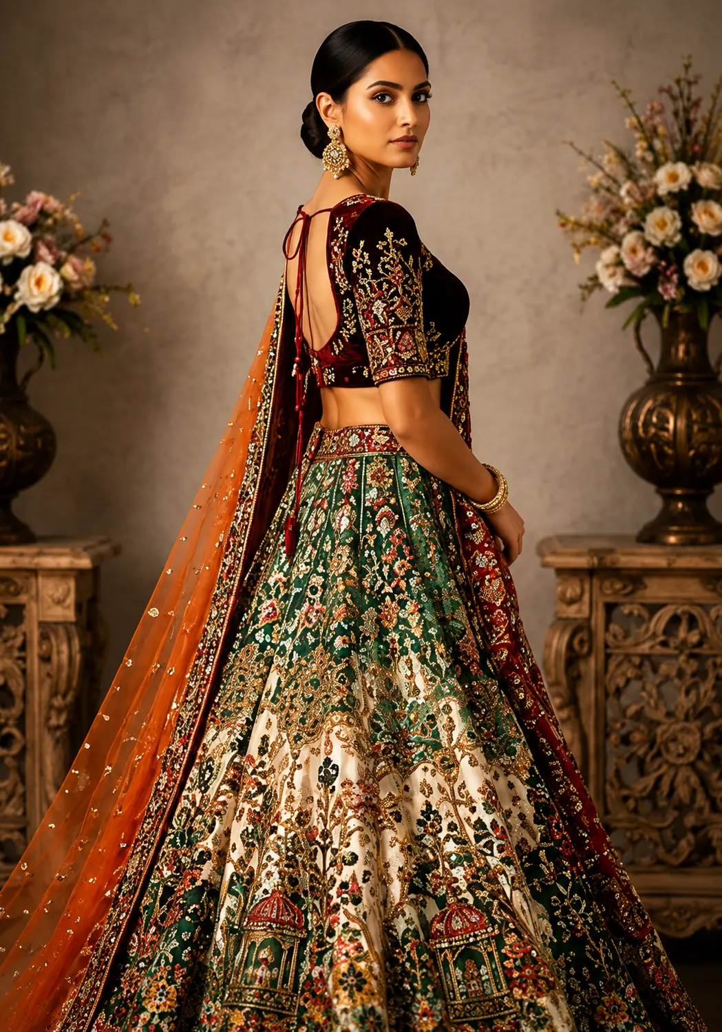 Green Ombre Zardosi Embroidered Silk Bridal Lehenga with Double Dupatta