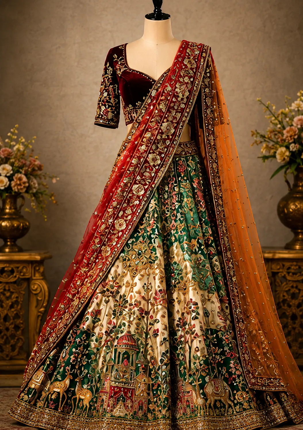 Green Ombre Zardosi Embroidered Silk Bridal Lehenga with Double Dupatta