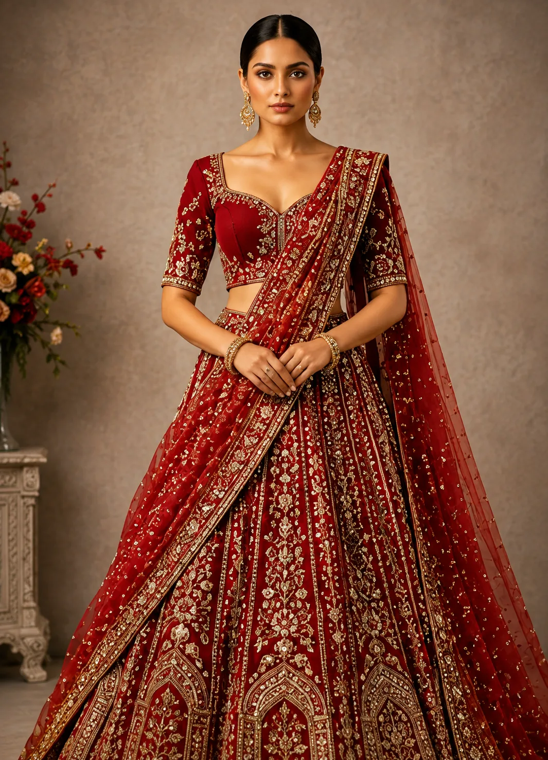 Scarlet Red Silk Bridal Lehenga with Embroidered Elbow Sleeve Blouse