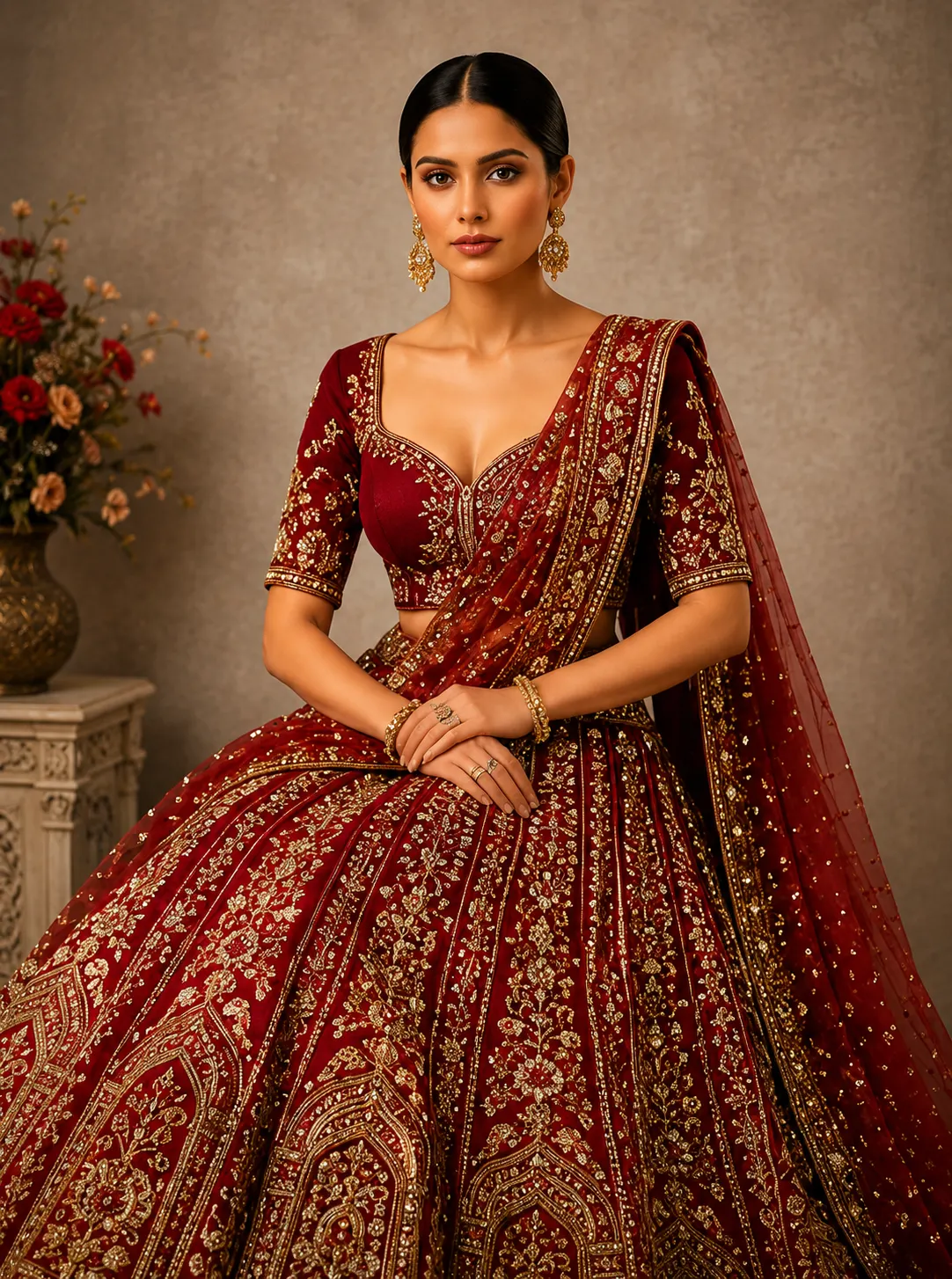 Scarlet Red Silk Bridal Lehenga with Embroidered Elbow Sleeve Blouse