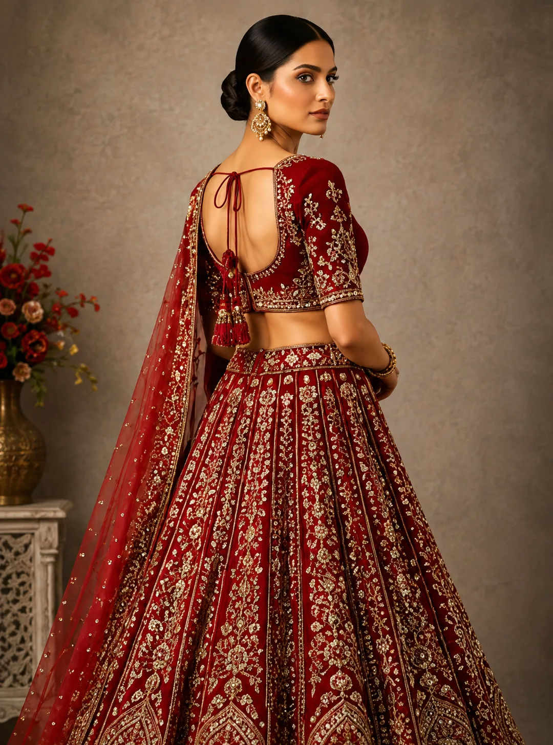 Scarlet Red Silk Bridal Lehenga with Embroidered Elbow Sleeve Blouse