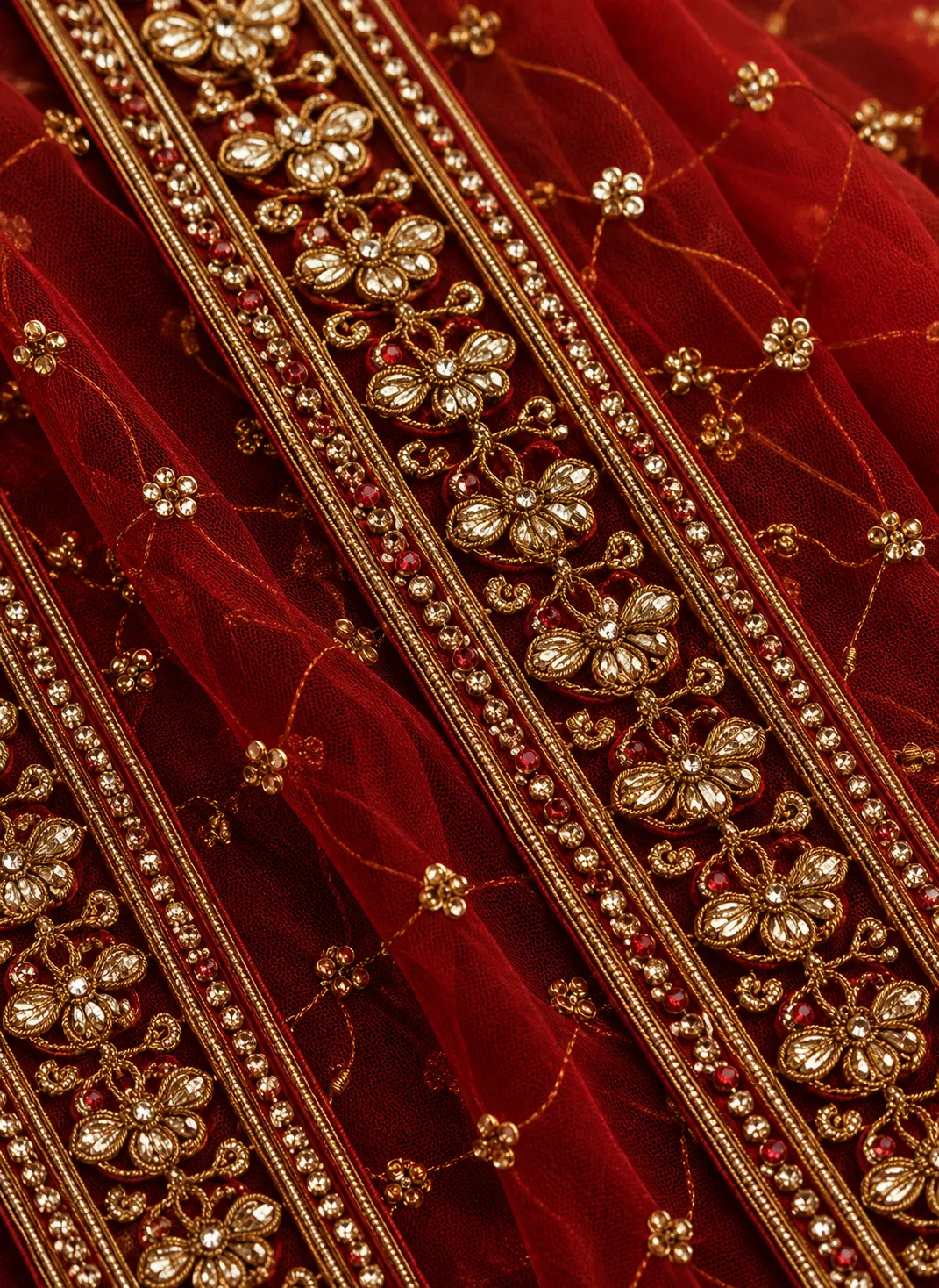 Scarlet Red Silk Bridal Lehenga with Embroidered Elbow Sleeve Blouse