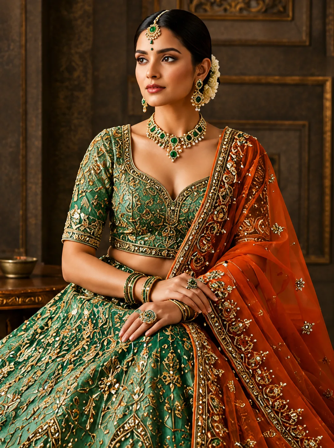 Green Ombre Silk Bridal Lehenga with Embroidered Elbow Sleeve Blouse and Double Dupatta