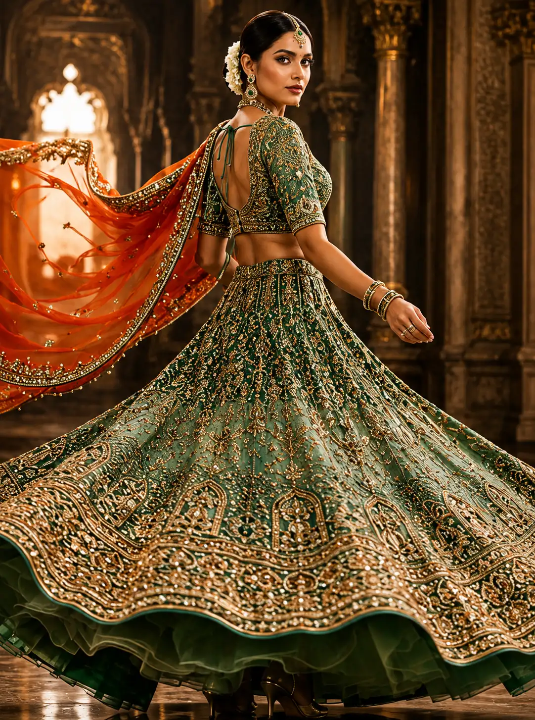 Green Ombre Silk Bridal Lehenga with Embroidered Elbow Sleeve Blouse and Double Dupatta