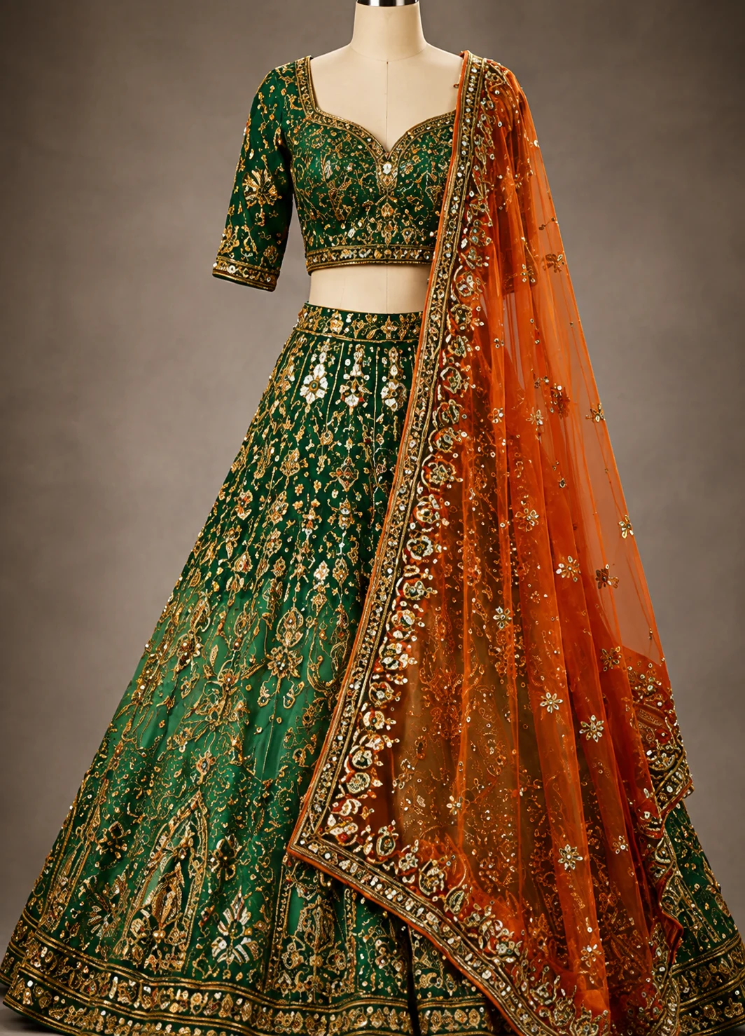 Green Ombre Silk Bridal Lehenga with Embroidered Elbow Sleeve Blouse and Double Dupatta