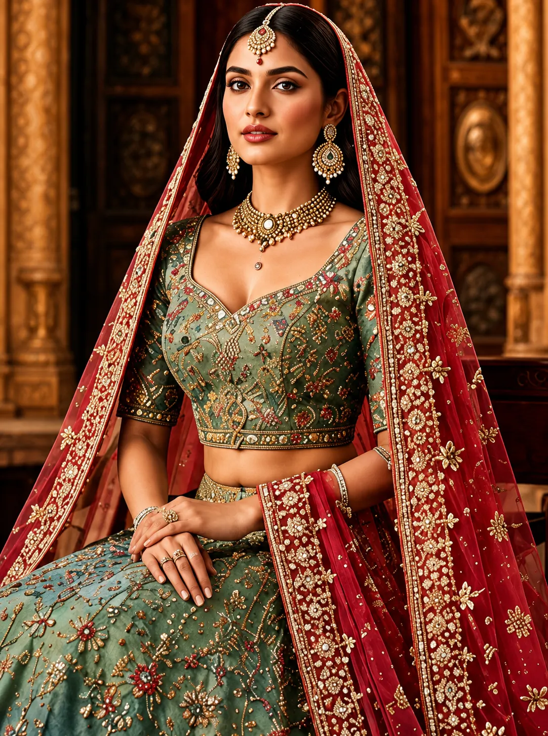Sea Green Bead Embroidered Silk Bridal Lehenga with Double Duppatta