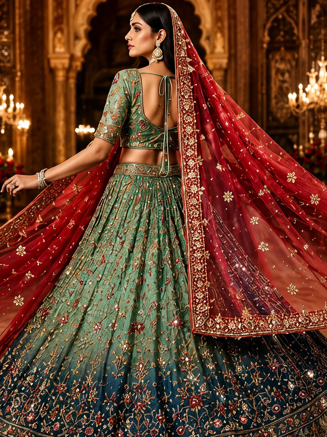 Sea Green Bead Embroidered Silk Bridal Lehenga with Double Duppatta