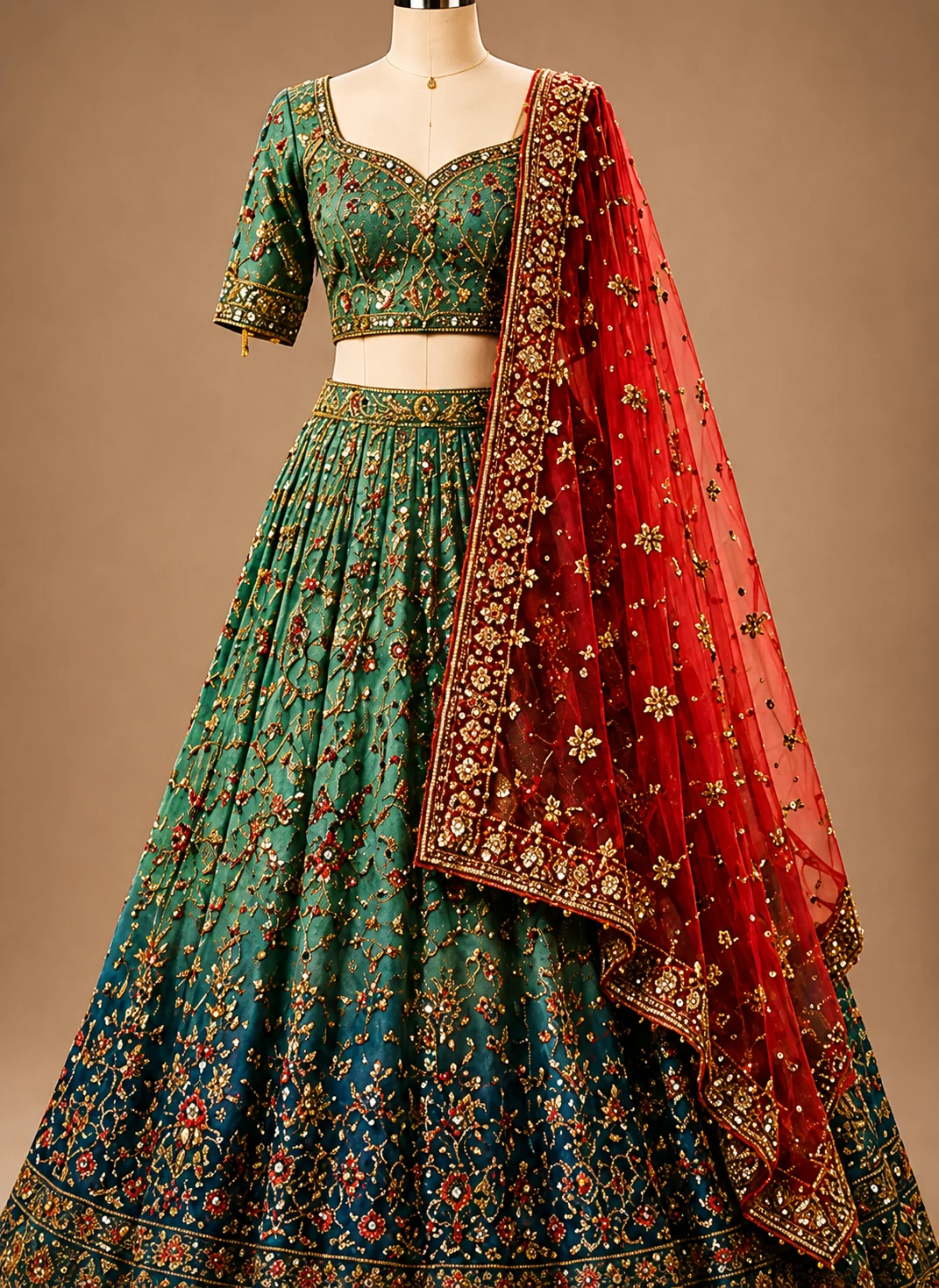 Sea Green Bead Embroidered Silk Bridal Lehenga with Double Duppatta