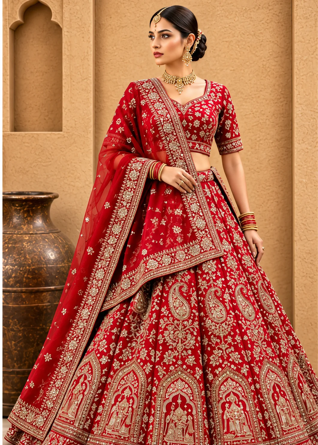 Red Zardosi Embroidered Silk Bridal Lehenga with Double Dupatta