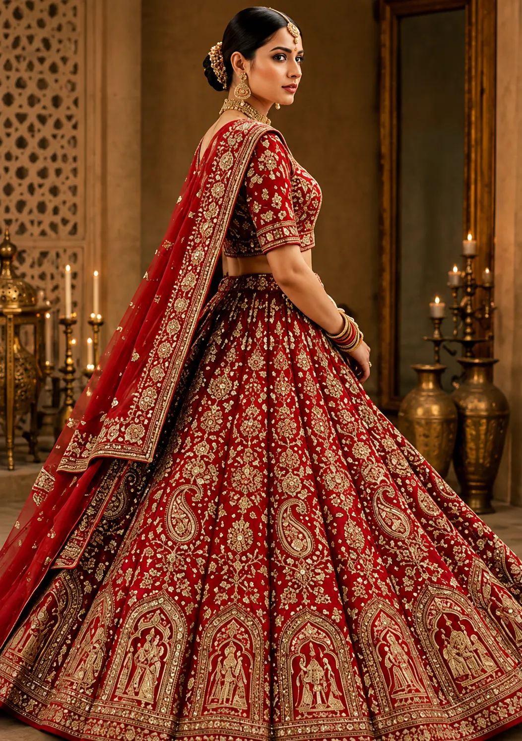 Red Zardosi Embroidered Silk Bridal Lehenga with Double Dupatta