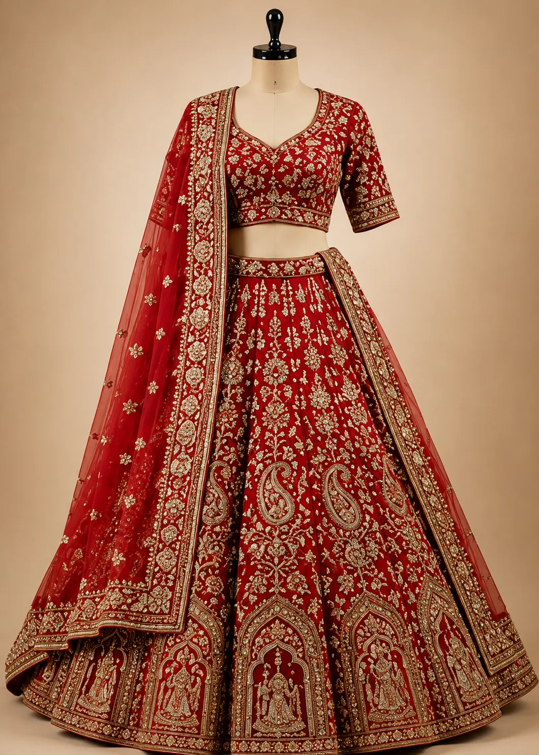 Red Zardosi Embroidered Silk Bridal Lehenga with Double Dupatta