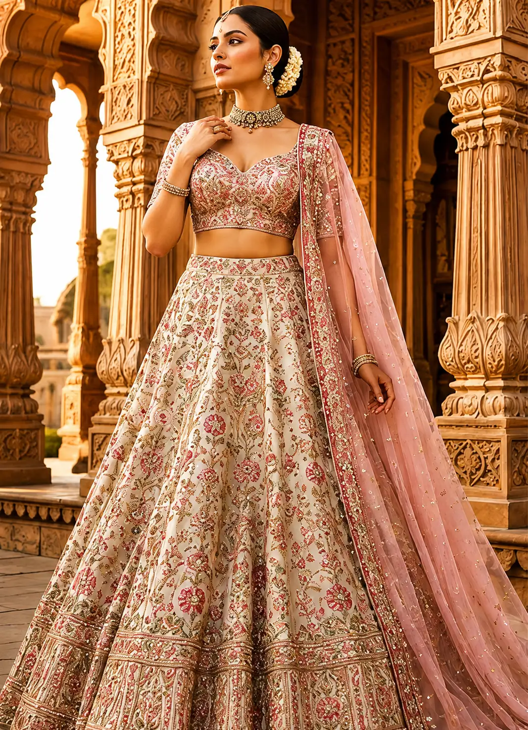 Pale Pink Resham Embroidered Silk Engagement Lehenga with Double Dupatta