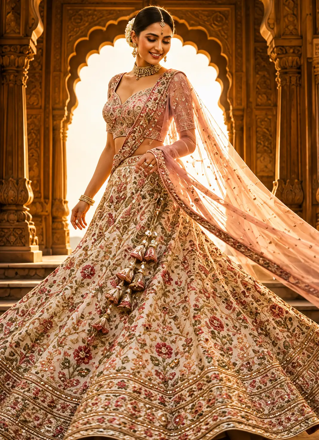 Pale Pink Resham Embroidered Silk Engagement Lehenga with Double Dupatta