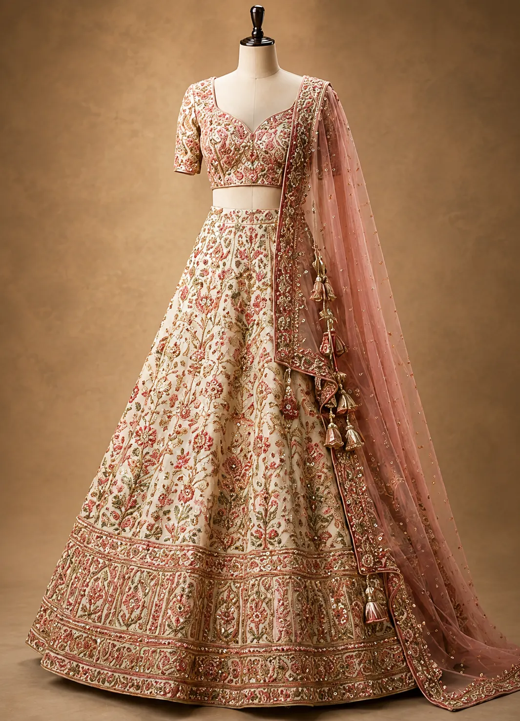 Pale Pink Resham Embroidered Silk Engagement Lehenga with Double Dupatta