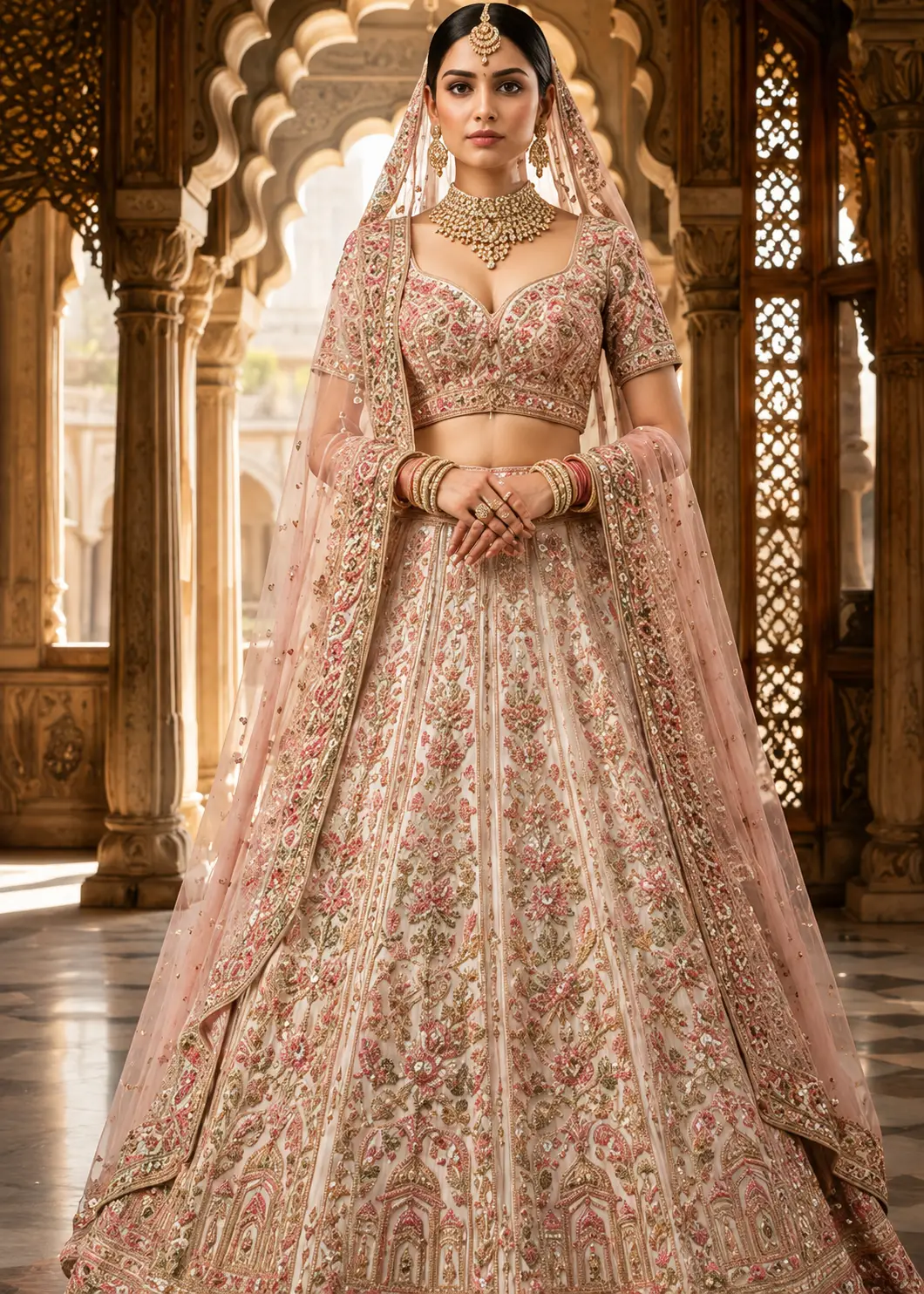 Pale Pink Silk Bridal Lehenga with Embroidered Elbow Sleeve Blouse and Double Dupatta