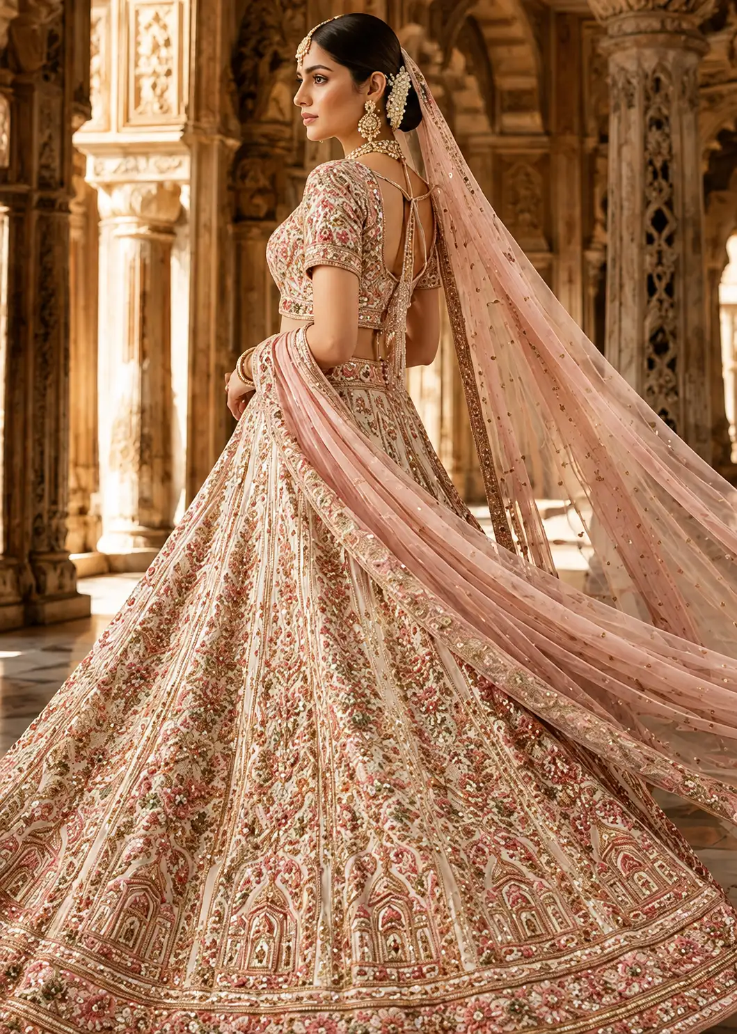 Pale Pink Silk Bridal Lehenga with Embroidered Elbow Sleeve Blouse and Double Dupatta