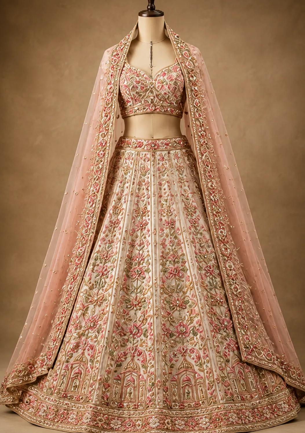Pale Pink Silk Bridal Lehenga with Embroidered Elbow Sleeve Blouse and Double Dupatta