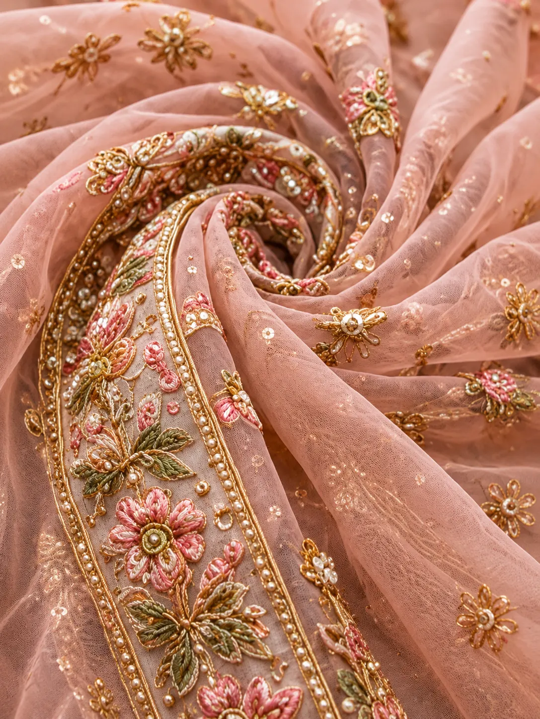 Pale Pink Silk Bridal Lehenga with Embroidered Elbow Sleeve Blouse and Double Dupatta