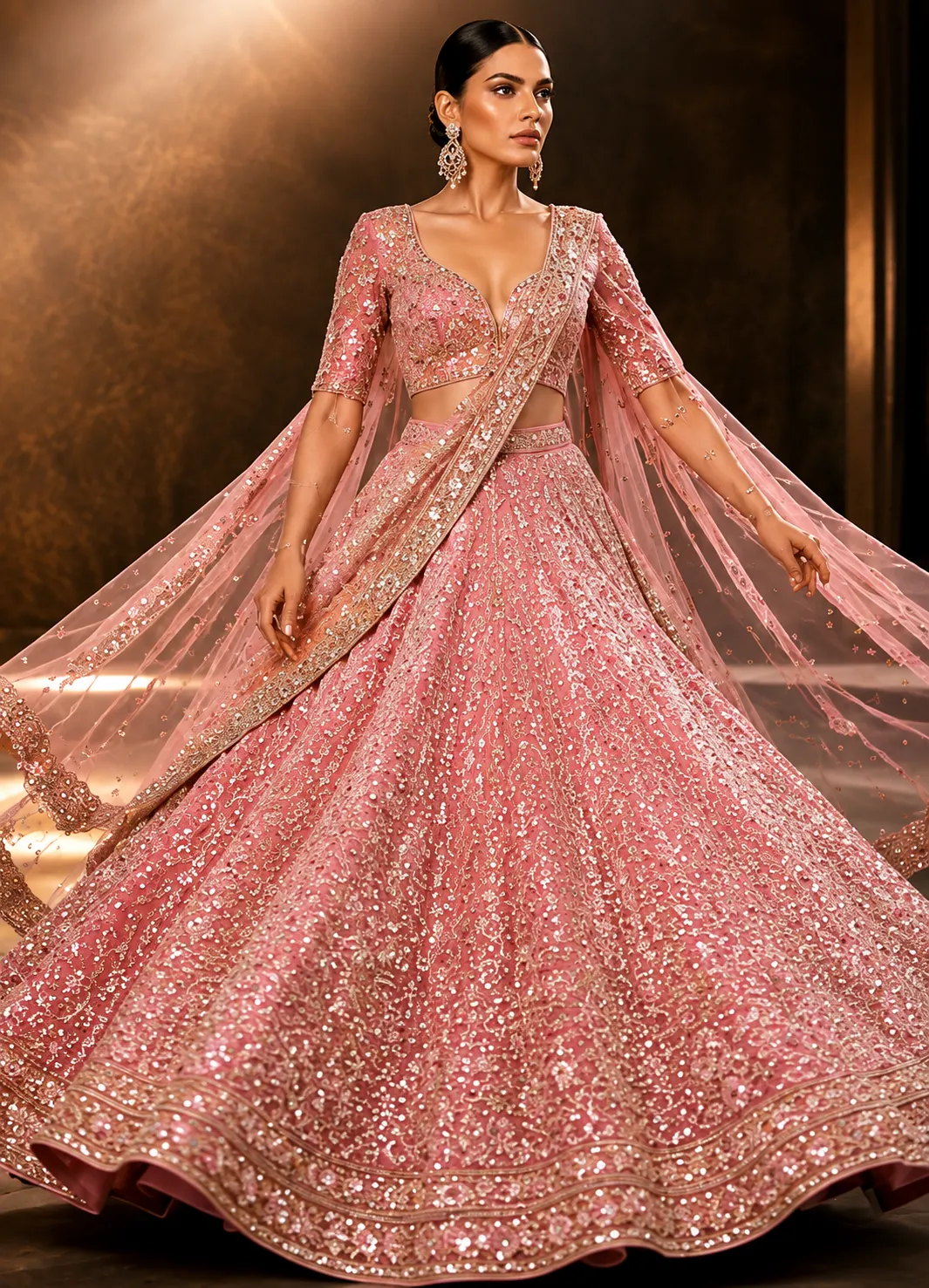 Candy Pink Sequins Embroidered Velvet Exclusive Bridal Lehenga With Dual Dupatta