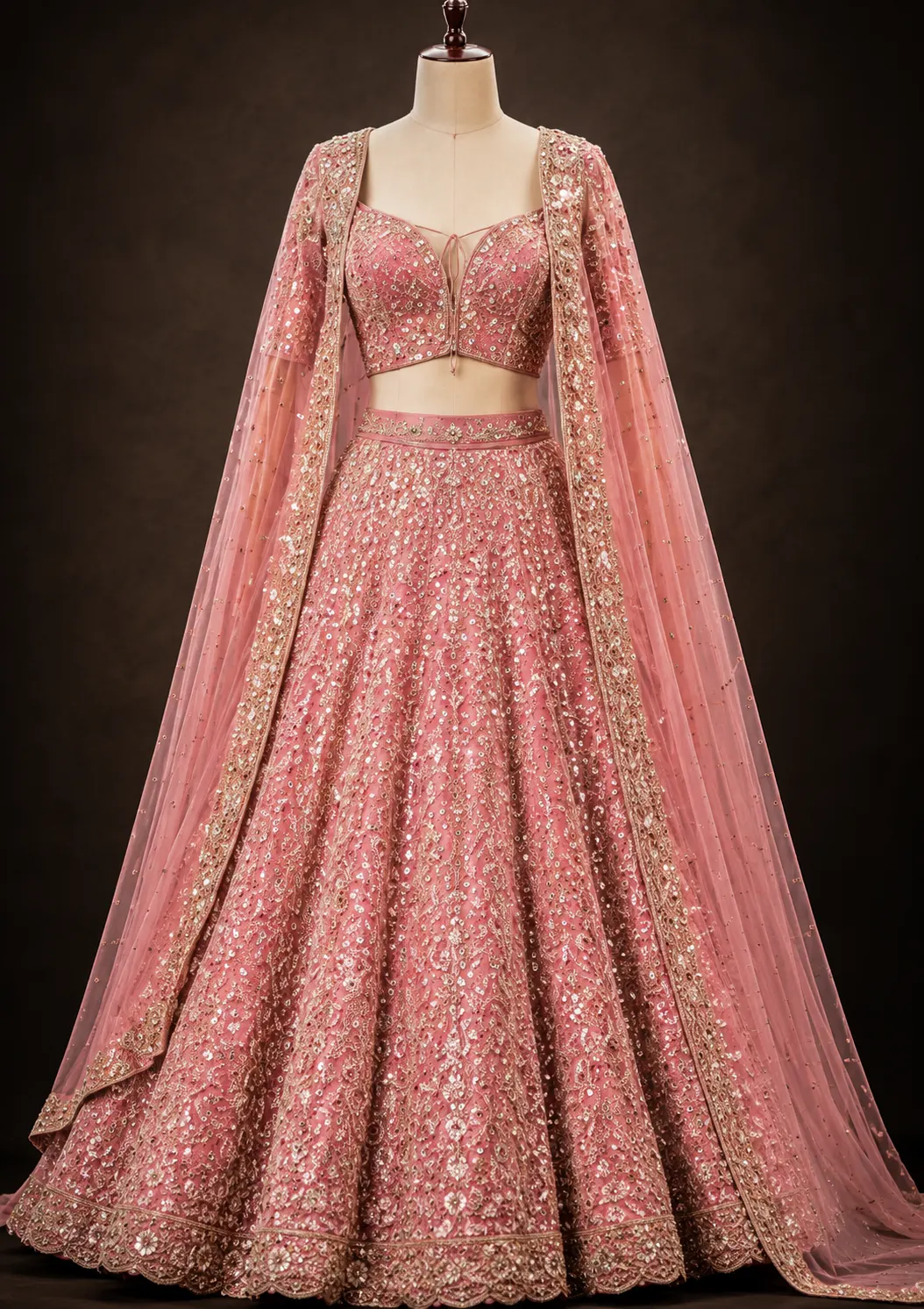 Candy Pink Sequins Embroidered Velvet Exclusive Bridal Lehenga With Dual Dupatta