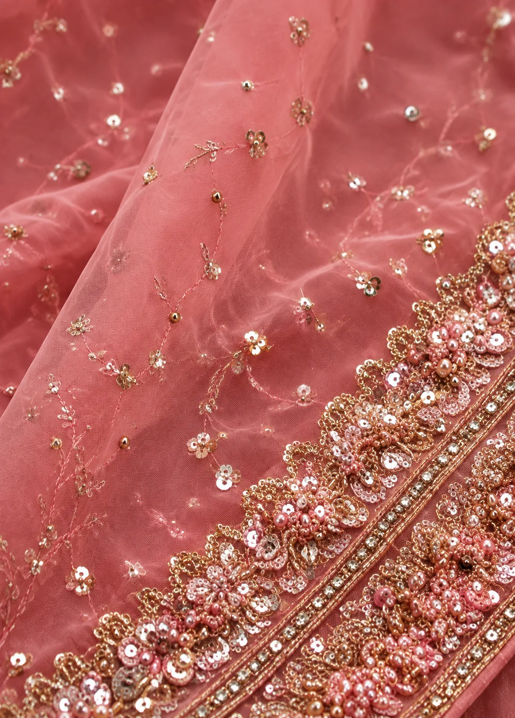 Candy Pink Sequins Embroidered Velvet Exclusive Bridal Lehenga With Dual Dupatta