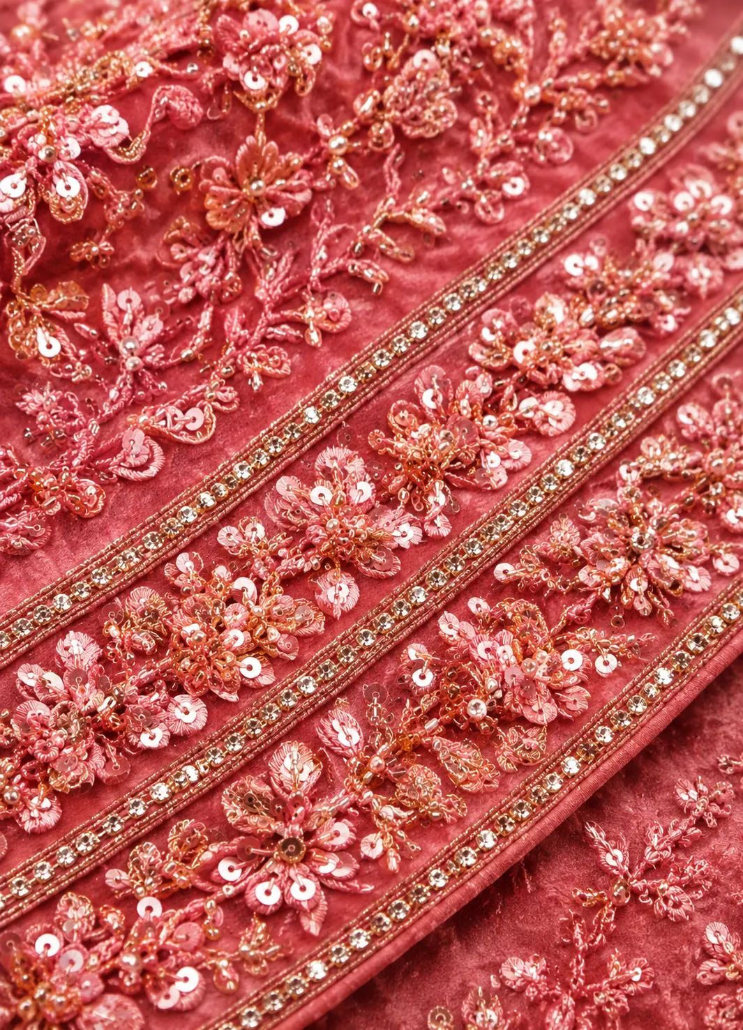 Candy Pink Sequins Embroidered Velvet Exclusive Bridal Lehenga With Dual Dupatta
