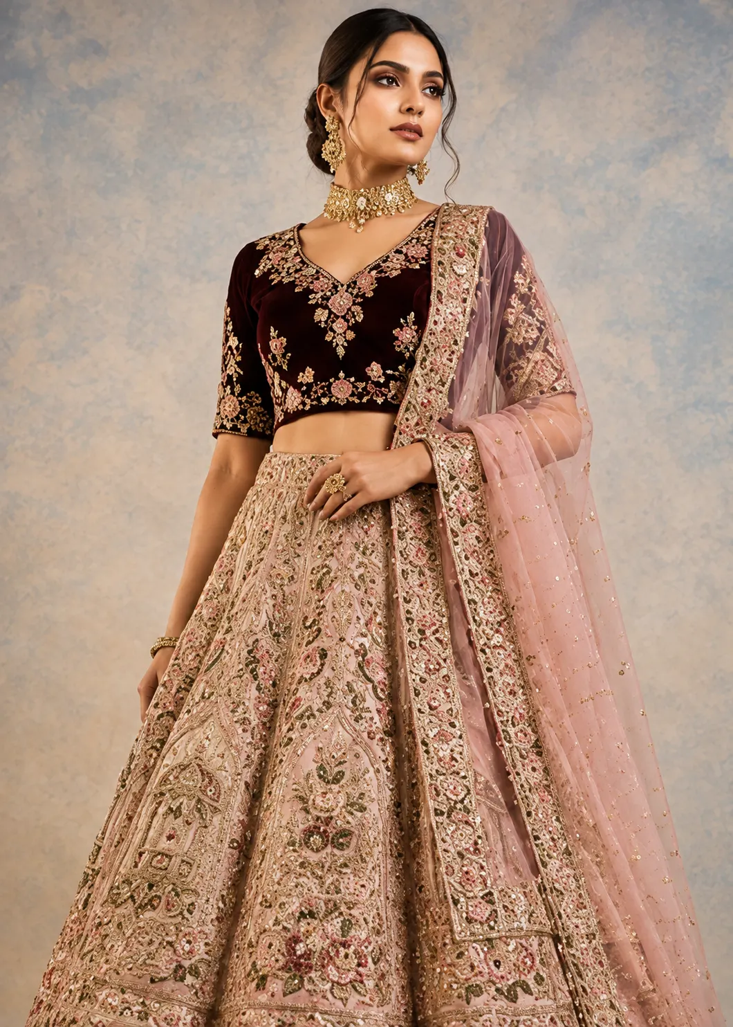 Pink Beige Sequins Embroidered Raw Silk Exclusive Bridal Lehenga With Double Dupatta