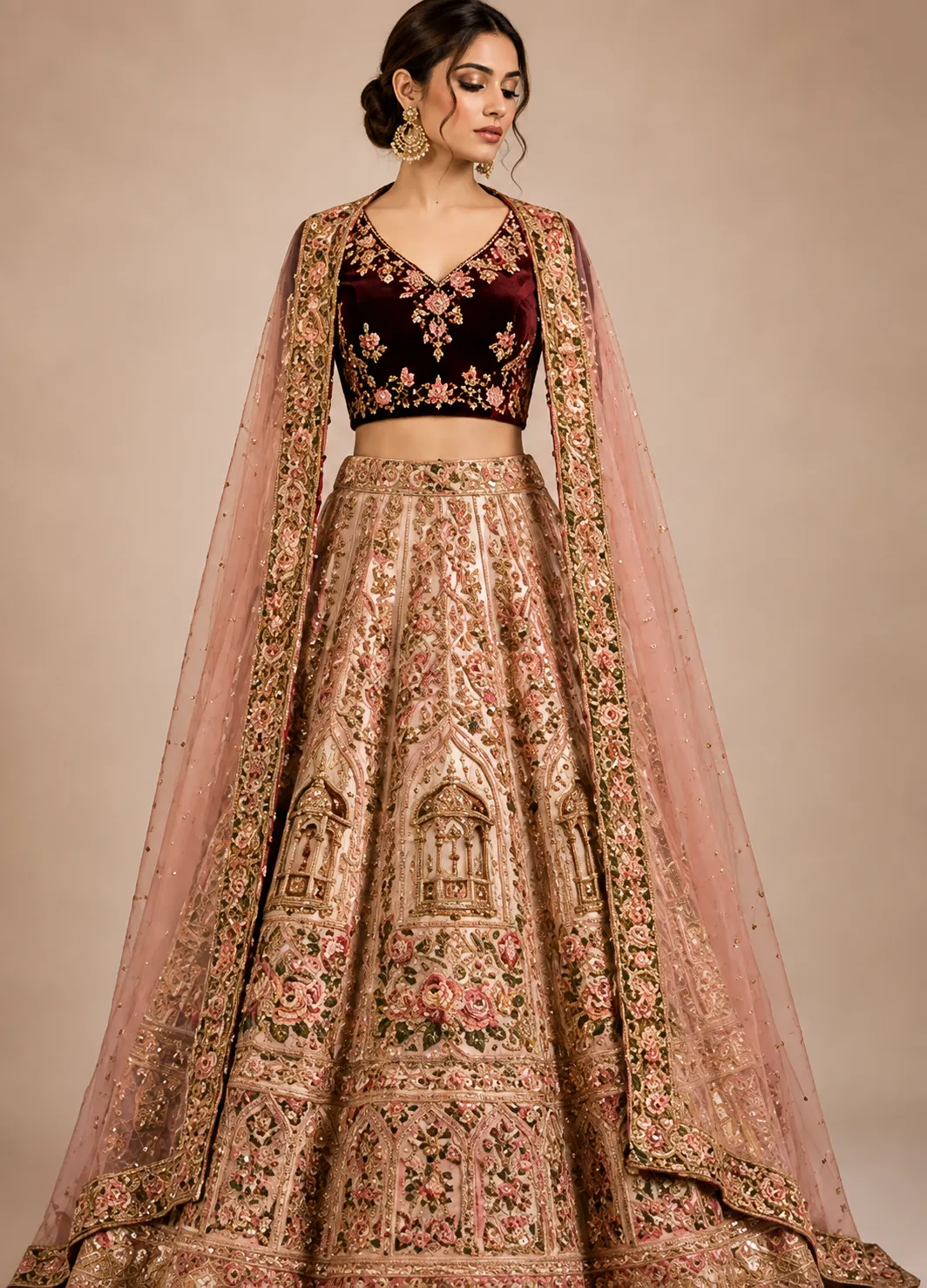 Pink Beige Sequins Embroidered Raw Silk Exclusive Bridal Lehenga With Double Dupatta