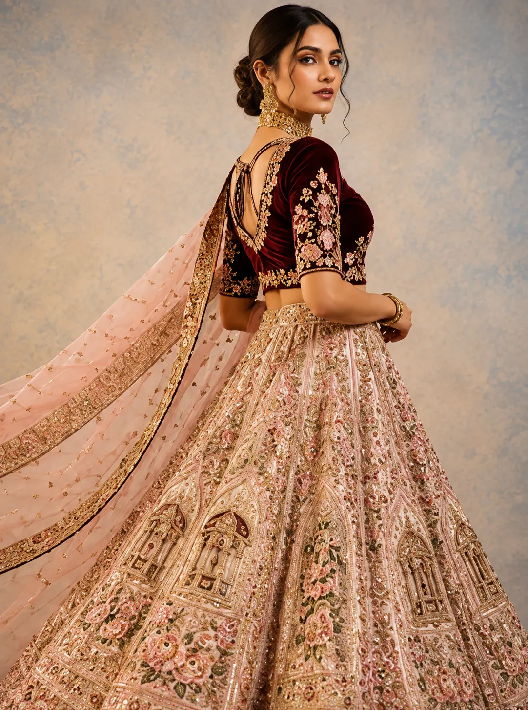 Pink Beige Sequins Embroidered Raw Silk Exclusive Bridal Lehenga With Double Dupatta