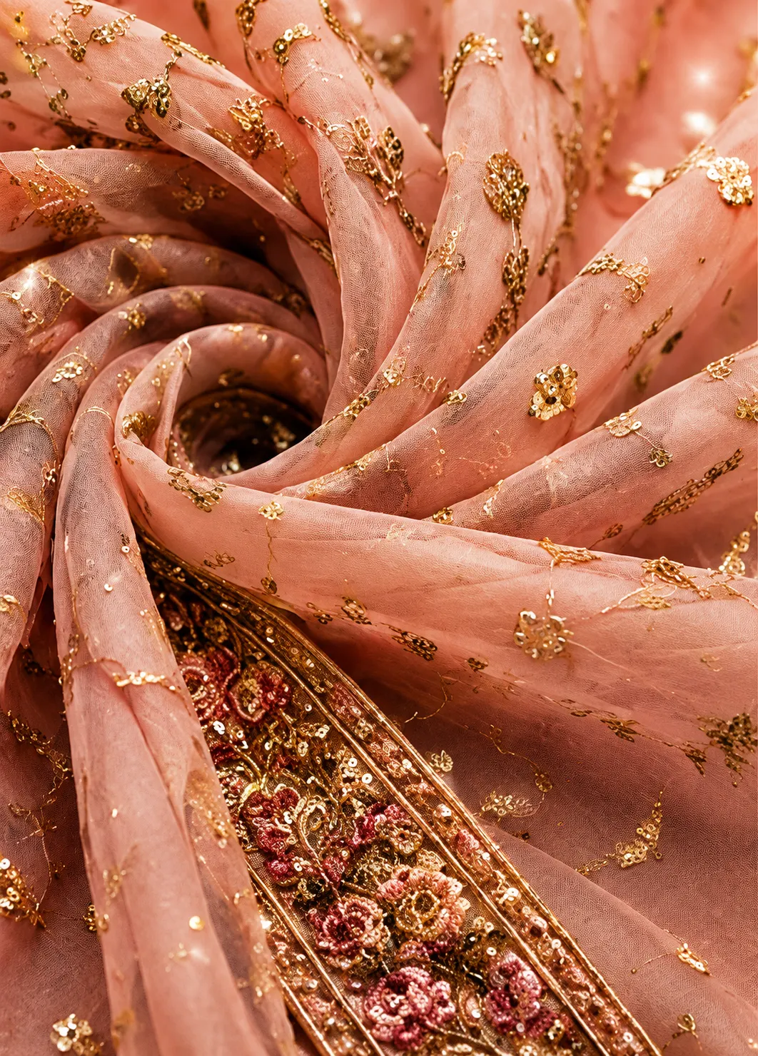Pink Beige Sequins Embroidered Raw Silk Exclusive Bridal Lehenga With Double Dupatta