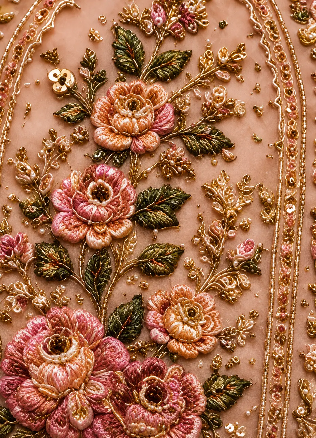 Pink Beige Sequins Embroidered Raw Silk Exclusive Bridal Lehenga With Double Dupatta