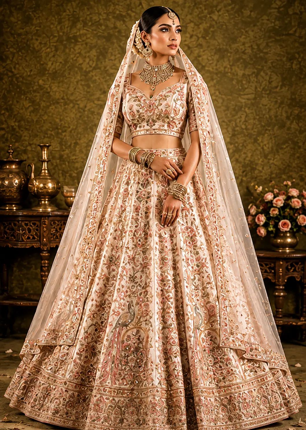 Cream Pink Panel Style Raw Silk Bridal Lehenga with Leaf Neck Blouse