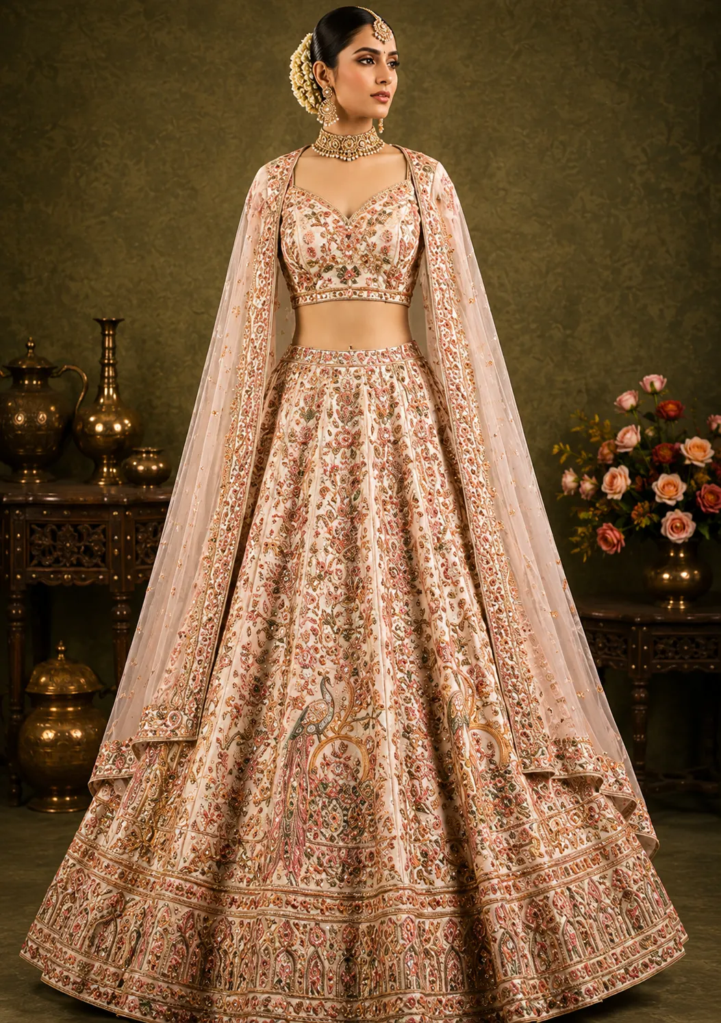 Cream Pink Panel Style Raw Silk Bridal Lehenga with Leaf Neck Blouse