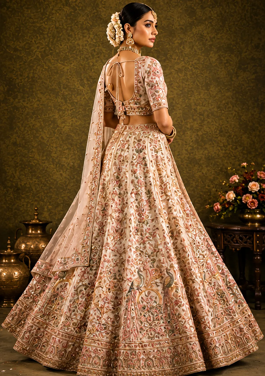 Cream Pink Panel Style Raw Silk Bridal Lehenga with Leaf Neck Blouse