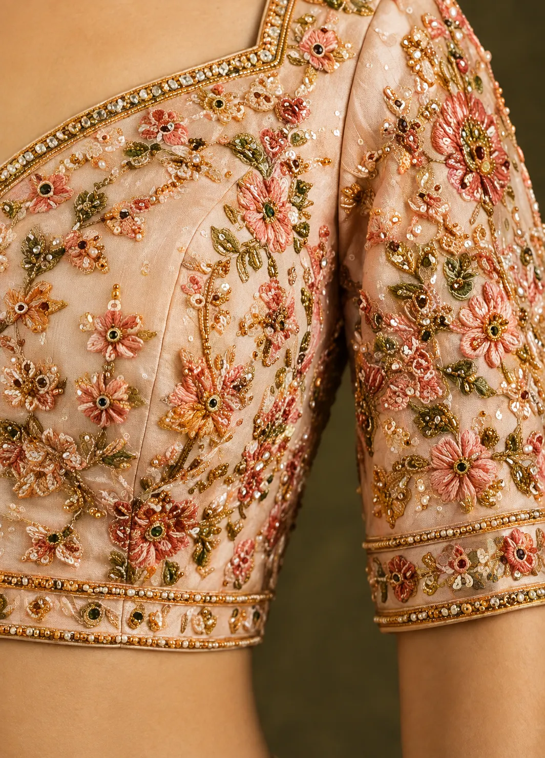 Cream Pink Panel Style Raw Silk Bridal Lehenga with Leaf Neck Blouse