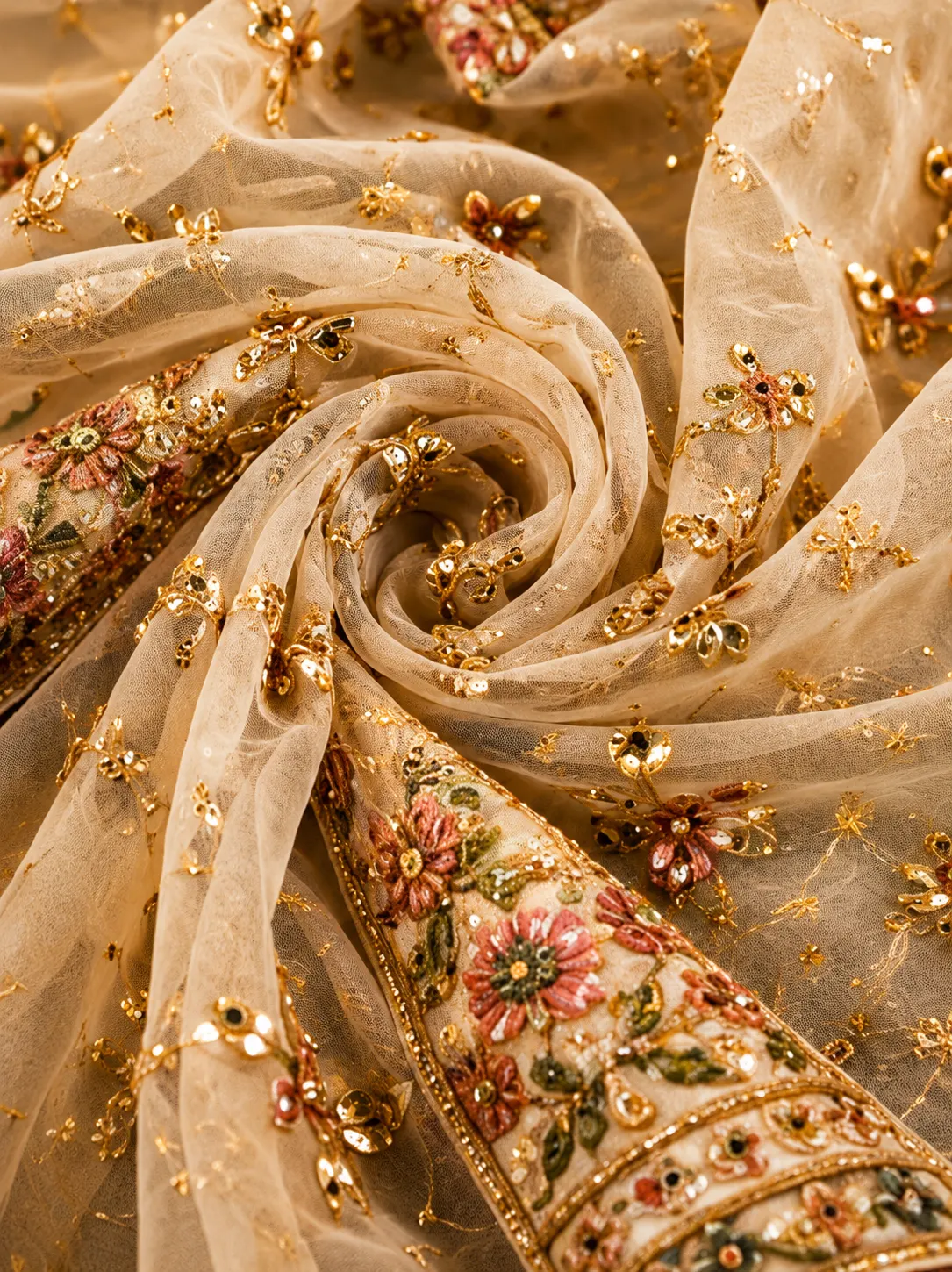 Cream Pink Panel Style Raw Silk Bridal Lehenga with Leaf Neck Blouse