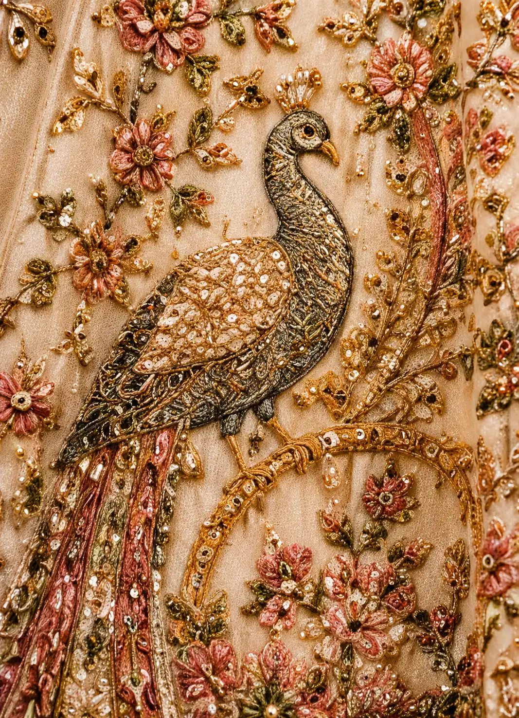 Cream Pink Panel Style Raw Silk Bridal Lehenga with Leaf Neck Blouse